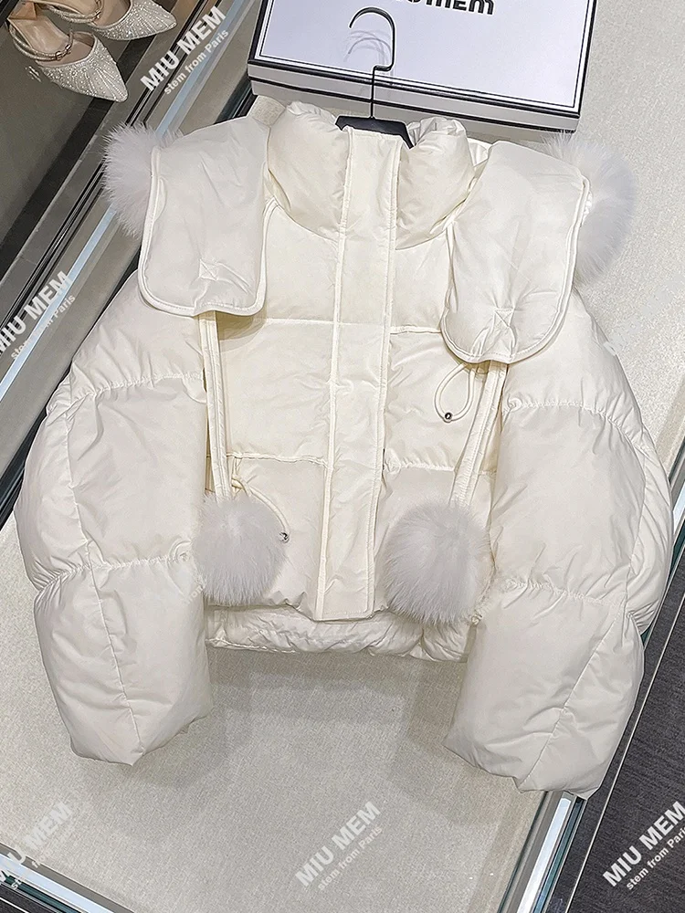 High-End Winter Women's down Jaet Coat Thi Warm Fur Collar Hooded Coat MIU MEM Brand Commute Sle Pure Color Chinese Origin