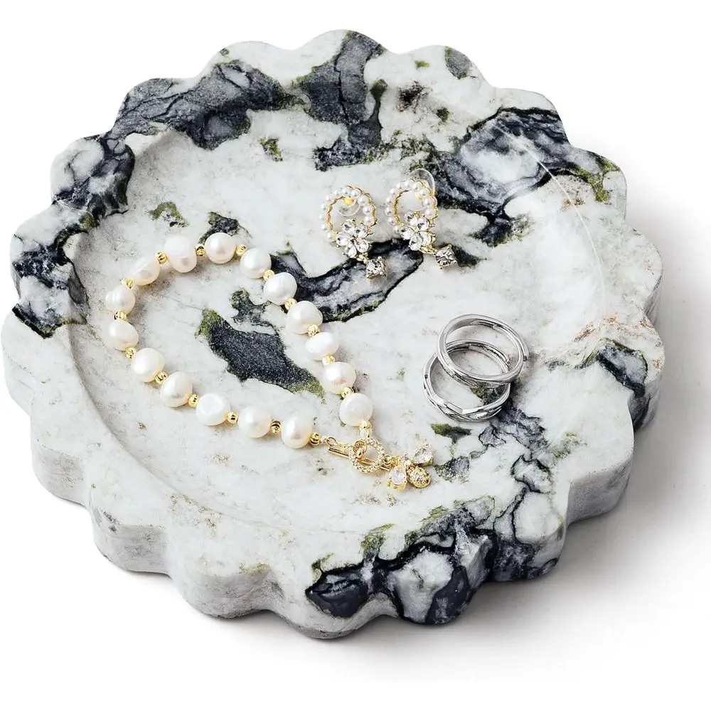 

Marble Vanity Tray Natural Small Scalloped Round Stone Trays or Candle Trinket Calacatta Verde lry Plate or Bathroom,Bedroom