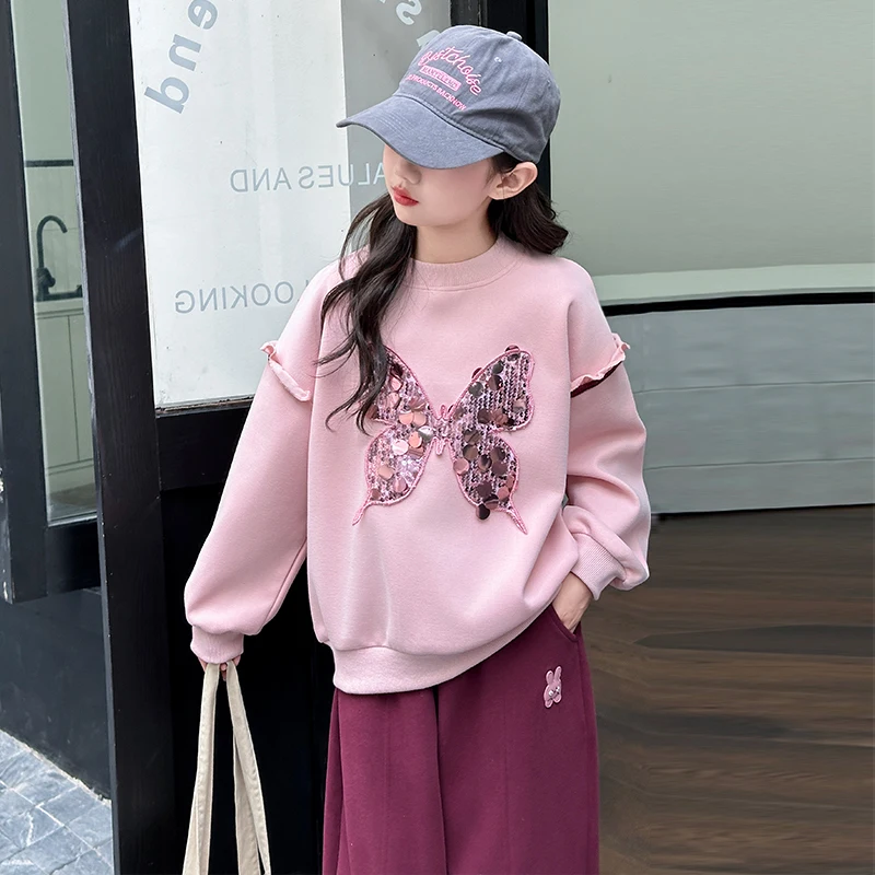 

Girl Autumn Fashion Cotton Sweatshirt with Butterfly Sequins Kids Child Fashion High Street Outfit Teenager Spring Clothing