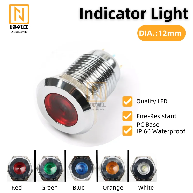 Uniteelec-10Pcs/Lot  Diameter 12mm Metal LED Waterproof Indicator Light for Car ,Truck ,Moter 3V 5V 6V 12V 24V 48V 110V 220V