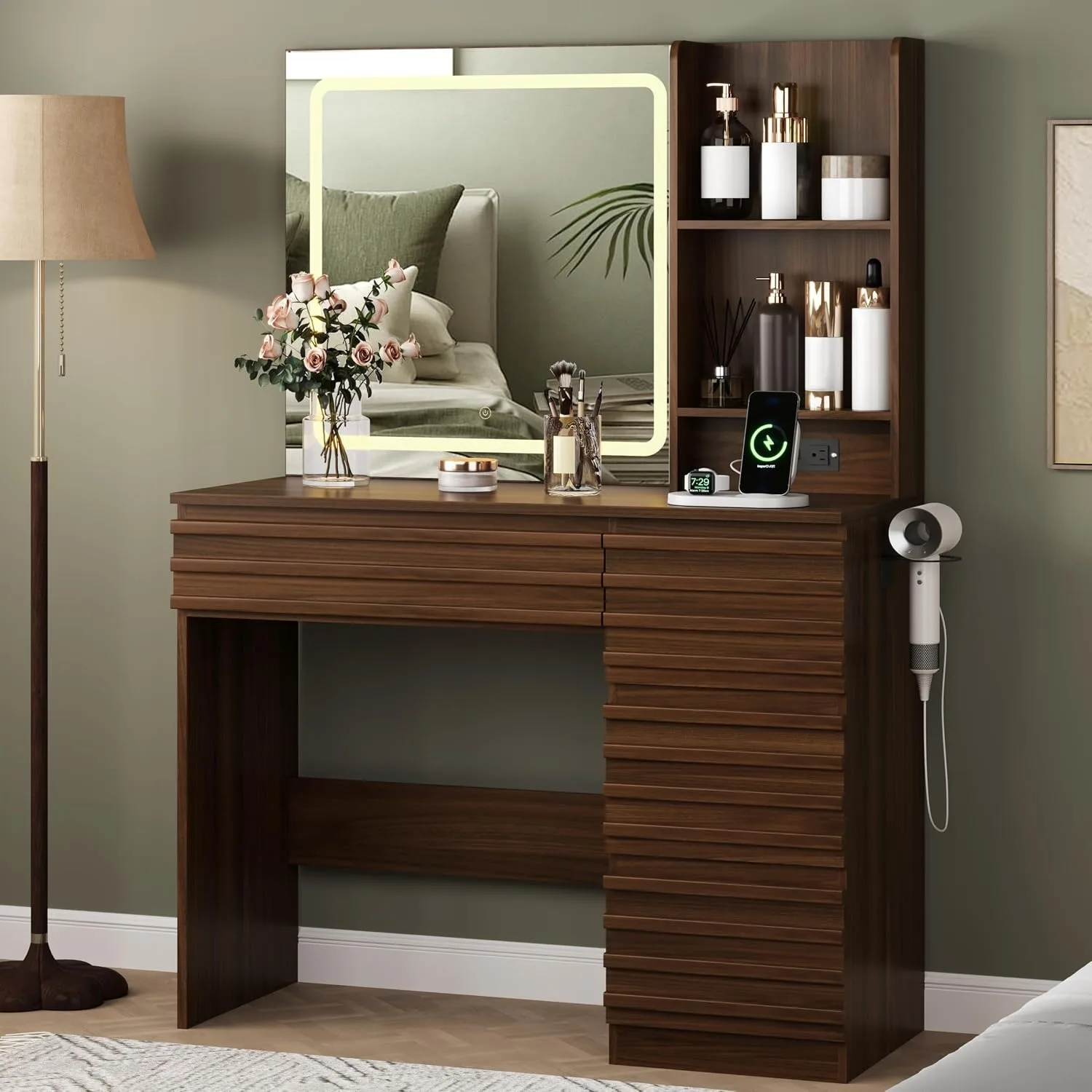 Makeup Vanity Desk with Lights, Fluted Vanity with 4 Drawers, Open Shelves, Power Outlet, LED Lighted Mirror, Customized