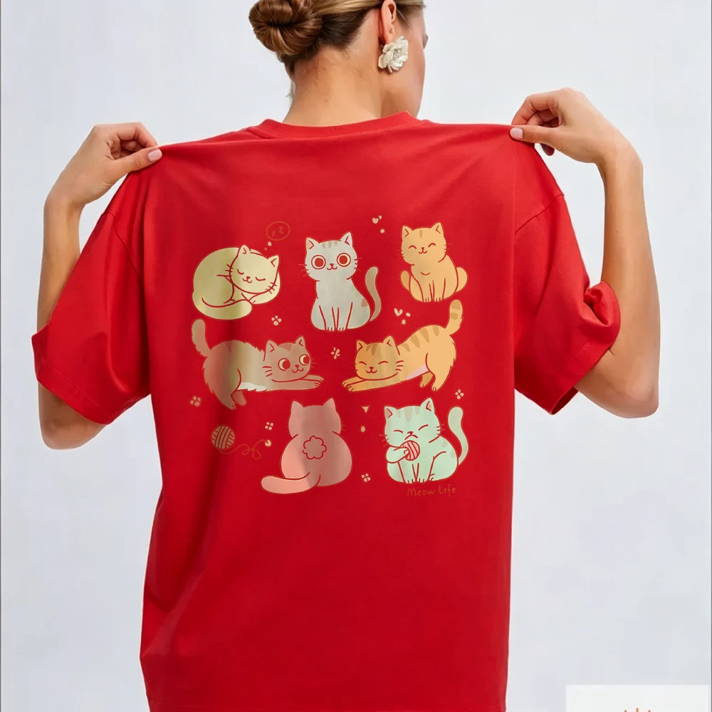 Women 8 Poses Cute Cartoon Kitten Group Print T Shirt Lovely Multicolor Sleeping Playing Cat Tee Casual Cotton Pet Cat Lover Top