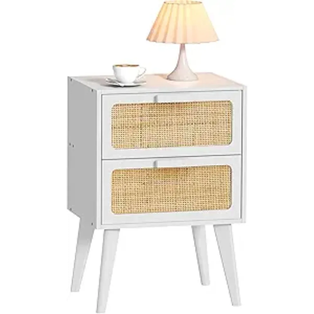 

Rattan Nightstand, Small End Table, Side Table with Hand Made Rattan Decorated Drawers,Boho Bedside Table,Wood Accent Table