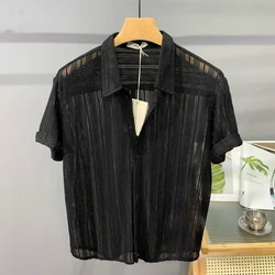 Hollow Short-sleeved Shirt Men's Summer Thin Trendy Handsome French Light Luxury Drape Hawaiian Shirt Men's Top