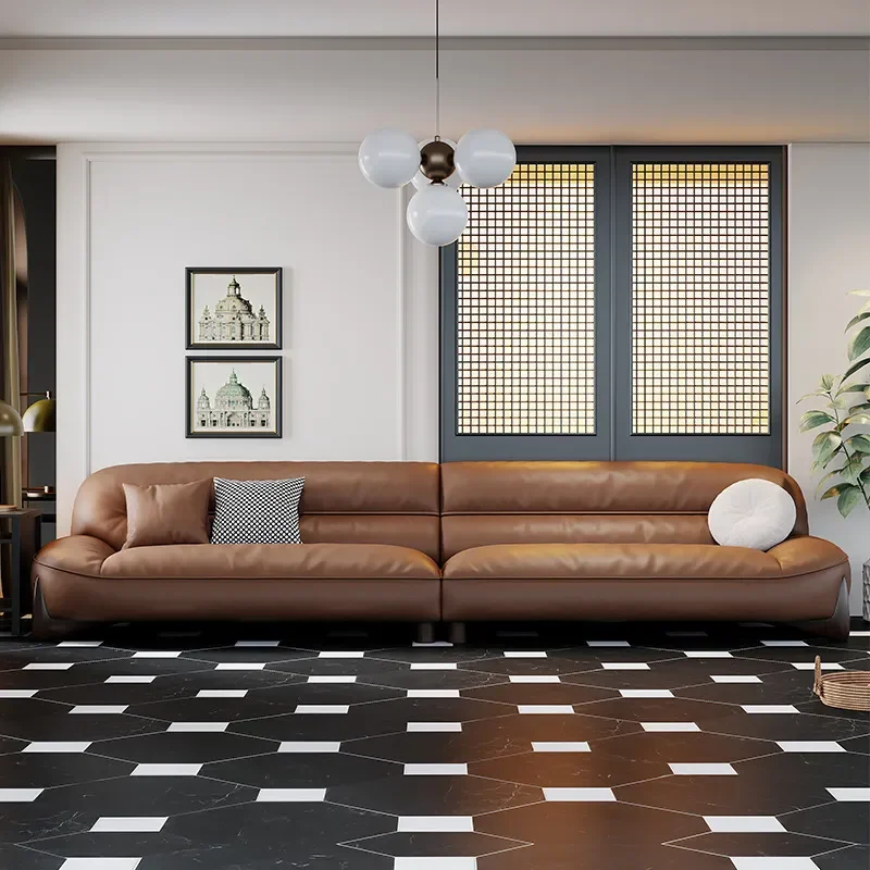 for Leather Sofa Modern Simple Light Luxury Cowhide Brown High Density Sponge Small Apartment Straight Row Light Luxury Style