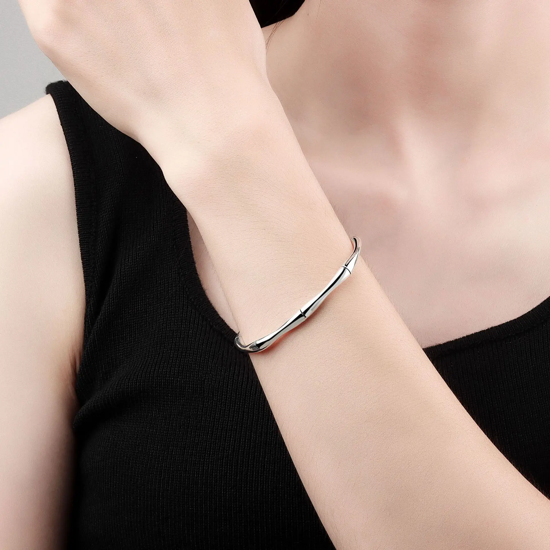 LIVVY Simple Silver Color Vintage Bamboo Bracelet  For Women Size Adjustable  Trendy  Smooth Party  Jewelry Gifts