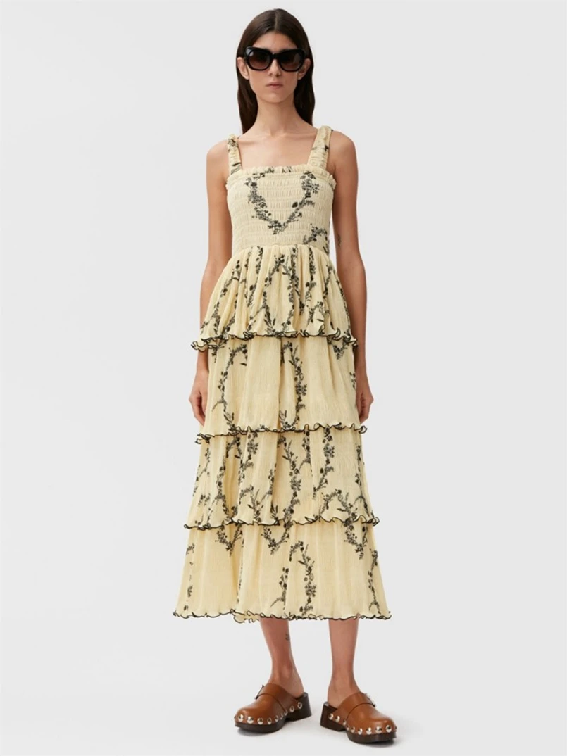 Vintage plissado impressão chiffon vestido longo feminino em camadas babados cinta de espaguete maxi vestido feminino retro vestido de festa