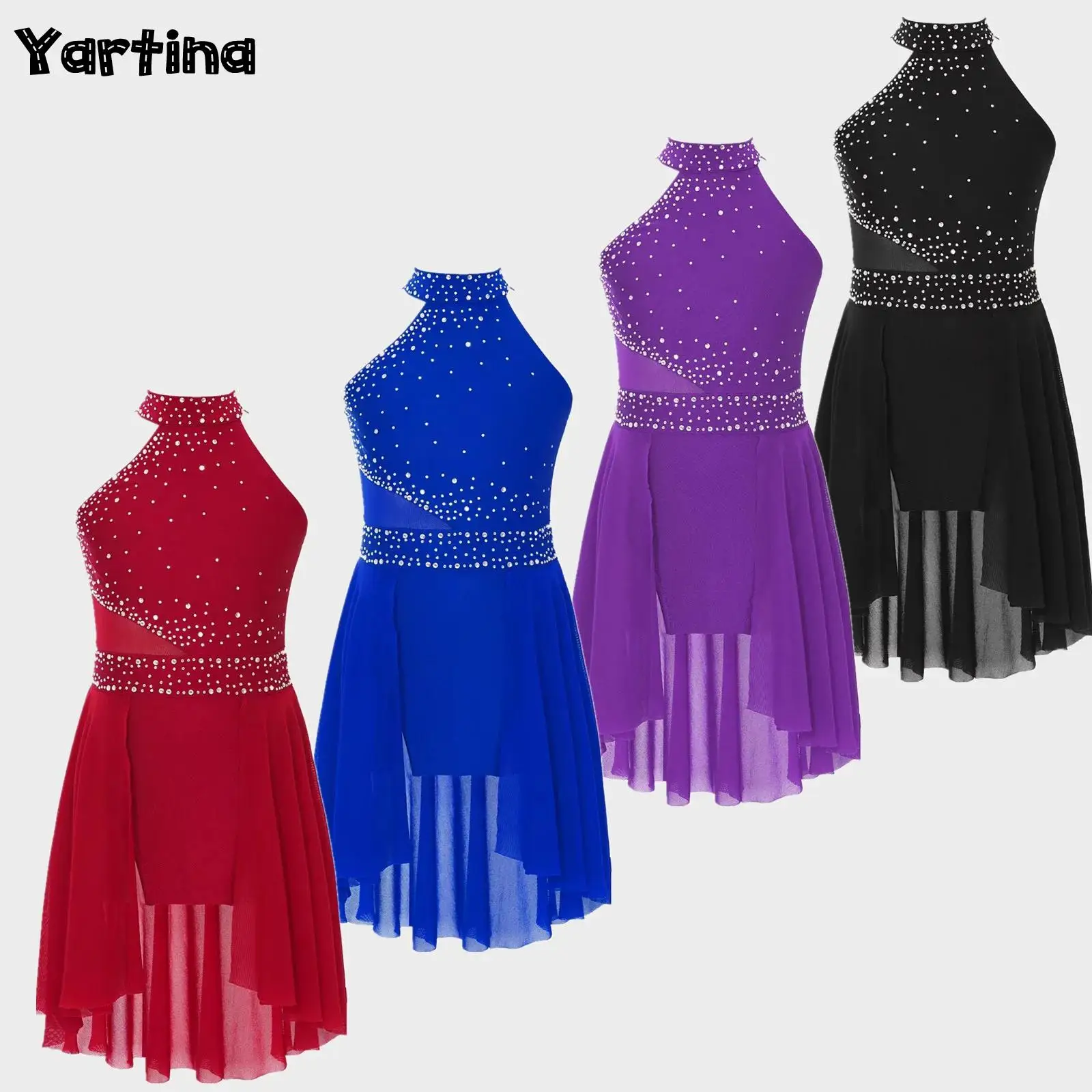 Vestido de patinaje artístico para gimnasia para niñas, Jersey de Ballet con diamantes de imitación brillantes, vestido de leotardo, disfraz de actuación de danza lírica