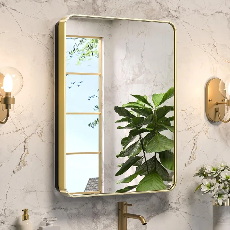 

21 x 27 Inch Gold Recessed Medicine Cabinets for Bathroom with Vanity Mirror Stainless Steel Rounded Rectangle Framed