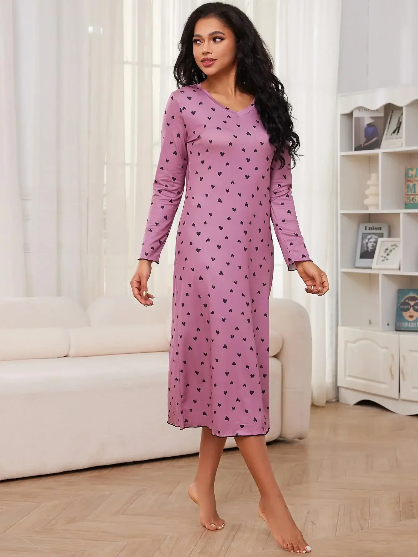 Heart Print Lettuce Trim Women Nightgown V Neck Long Sleeves Pajama Dress Sleepwear Spring Female Nightwear Homwear Clothing