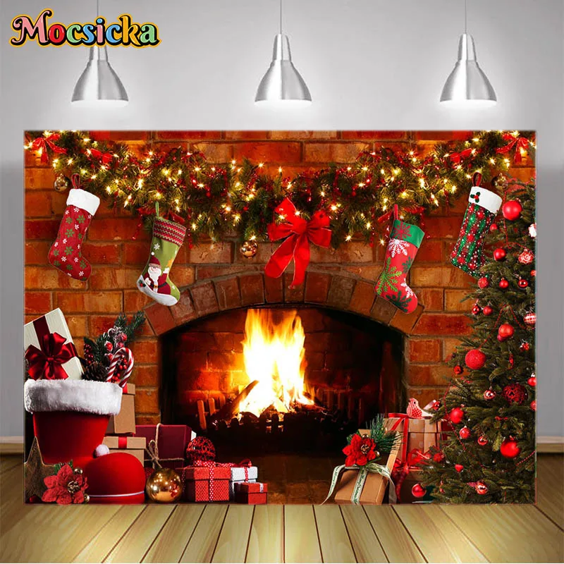 Latar belakang Natal, dekorasi pesta lantai kayu pohon Natal, perapian foto Prop potret latar belakang fotografi Natal