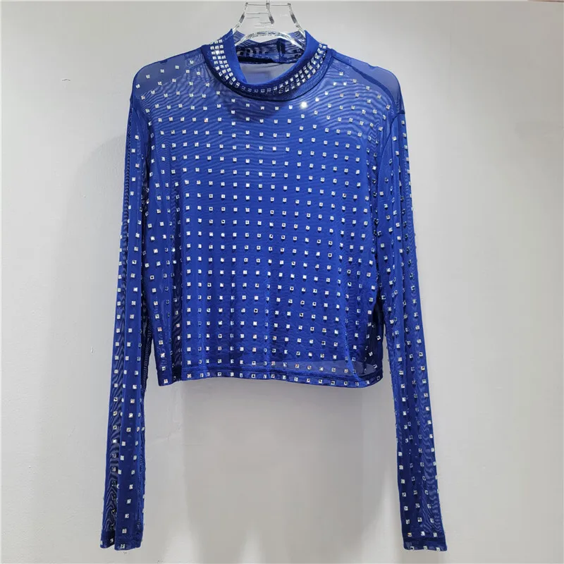 HKSH Tシャツ女性のための秋の新長袖スタンドカラーメッシュスタッズダイヤモンド Tシャツシックなストリートエレガントカジュアルトップス HK10866