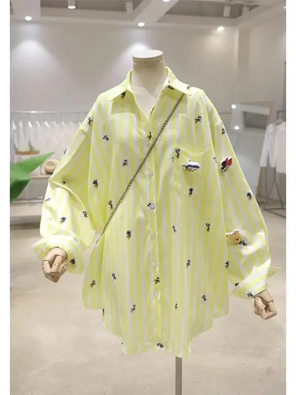 Extra Large 300 Pou Cartoon Embroidery Loose Striped Women's irt Trendy  Collar Breathable Cotton Polyester Blend