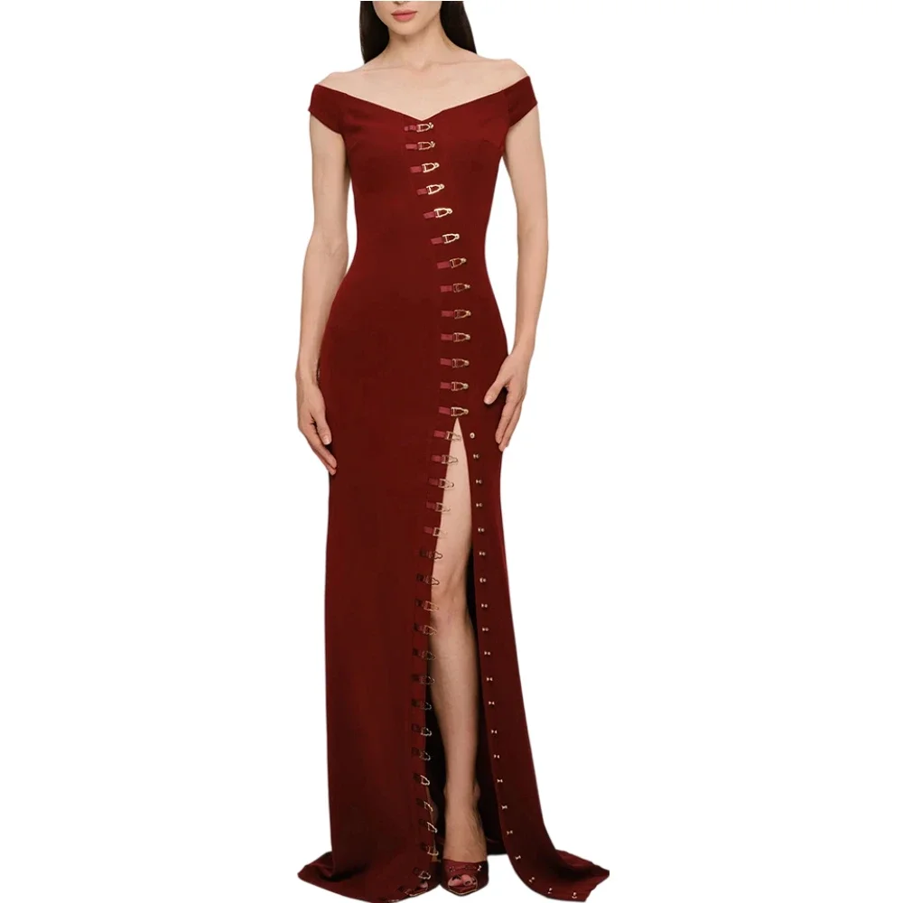 

Fashionable Elegant Off The Shoulder Burgundy Maxi Dress Sexy High Split Gold Buckle Evening Gown For Women Formal Prom Party