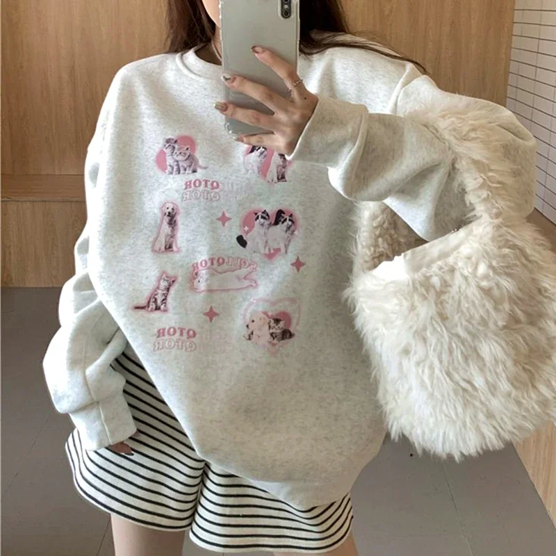 Ins Vintage Gray Cotton Sweatshirt Cute Pink Cats Dog Print Hoodies Pullover Y2K Tops Harajuku Korean Sweet Girls Kawaii Clothes