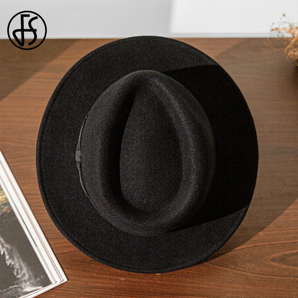 FS French Gentleman Black Jazz Hats for Men With Ribbon Panama Cap Winter Wool Felt Fedora Wedding Party Trilby Hat Women Unisex