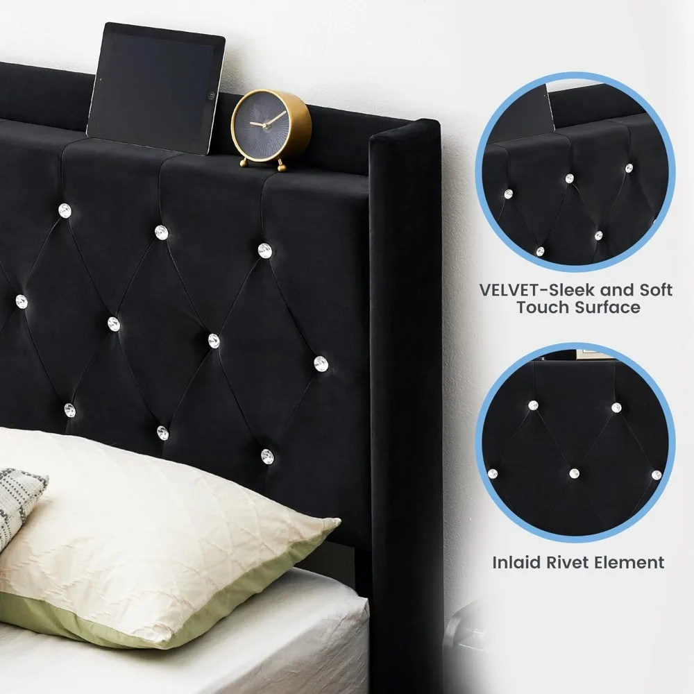 إطار سرير GarveeHome بحجم كوين مع لوح أمامي وأضواء LED، إطار سرير عائم أسود مع دعم شرائح خشبية، منجد بالكامل