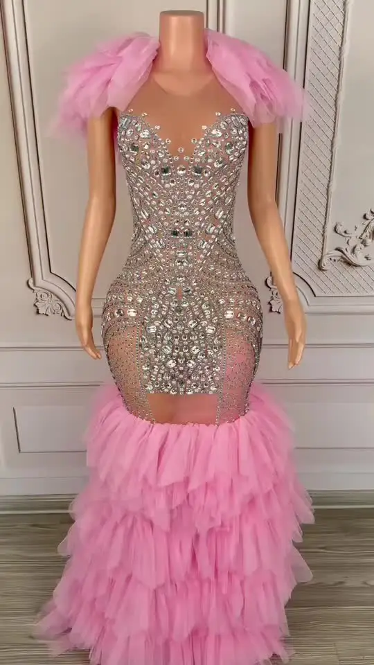Sparkly Rhinestone Elegant Pink Rose Red Floor Length Dress Women Singer Wedding Birthday Evening Sparkly Rhinestone Elegant Pink Rose Red Floor Length Dress Women Singer Wedding Birthday Evening