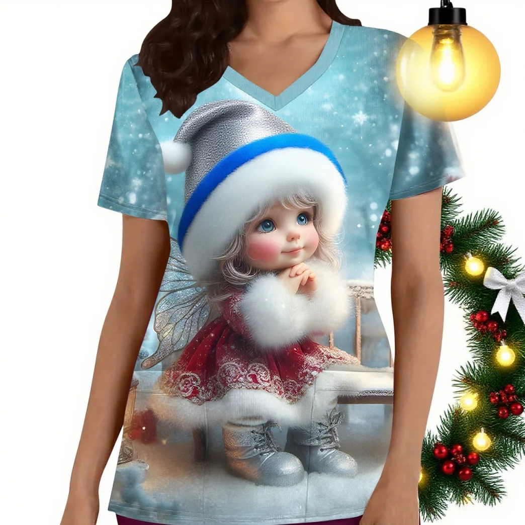 Dwarf Print Short Sleeve Thanksgiving V-Neck Scrubs Top with Pockets for Doctor Nurse Physician Dentist Women's Work Clothing