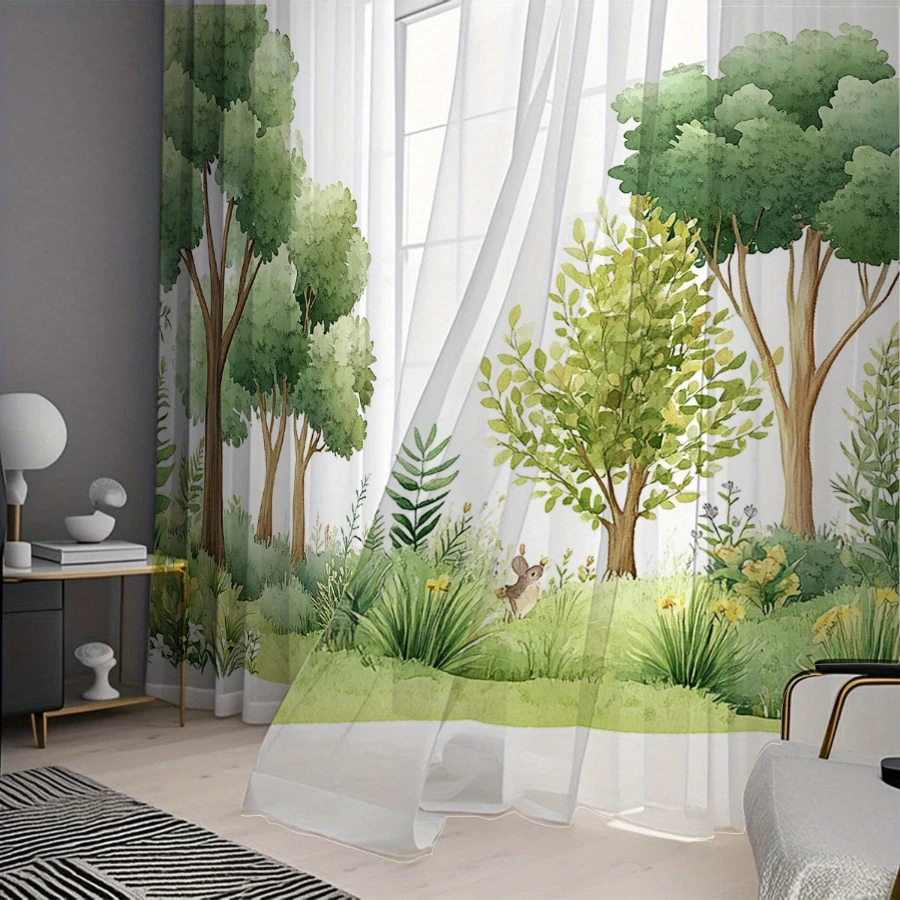 2PCS Digital Print Sheer Curtain, Forest Grassland, Modern Minimalist Window Curtains for Living Room Bedroom Home Decor