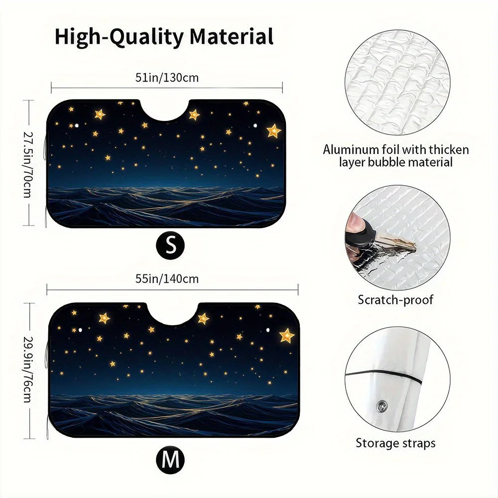 1pc, Golden Stars Night Sky Ocean Waves Print Car Windshield Sun Shade, Foldable Sun Visor, Keeps Vehicle Interior Cool, Perfect