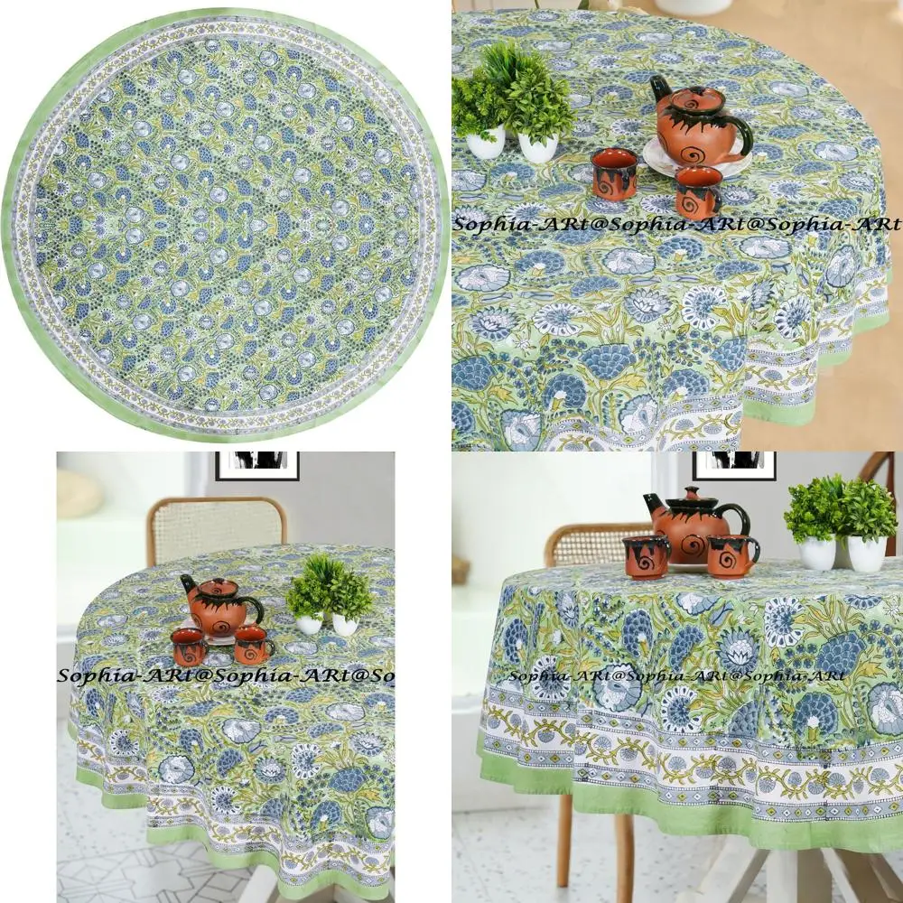 

Скатерть круглая хлопковая на 4 персоны, с ручной набойкой, для патио, кемпинга и праздничных мероприятий, моющаяся, для использования в помещении и на кухне