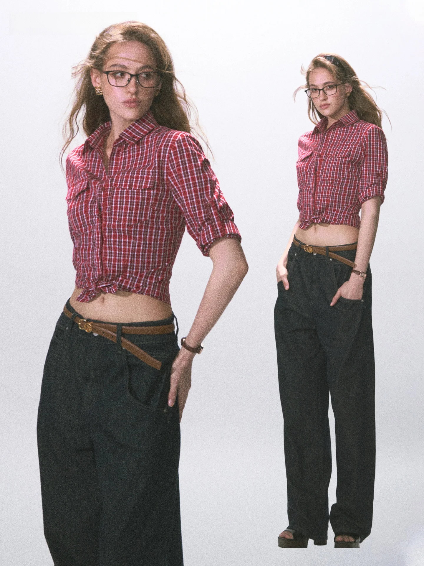 

High Waist Plaid Shirt Vintage Style Long Sleeve Commute Casual Wear Two-Way Wear Tall Slimming Effect Girl Student Youth Cit...