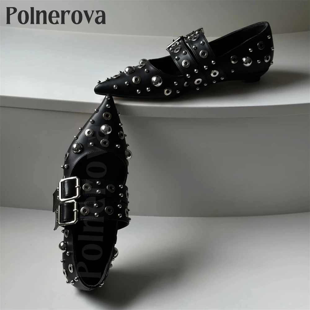 Silver Beaded Double Buckle Flats Sexy Punk Pointed Toe Ballerinas Black Matte Leather Metal Accessories Women's Handmade Shoes