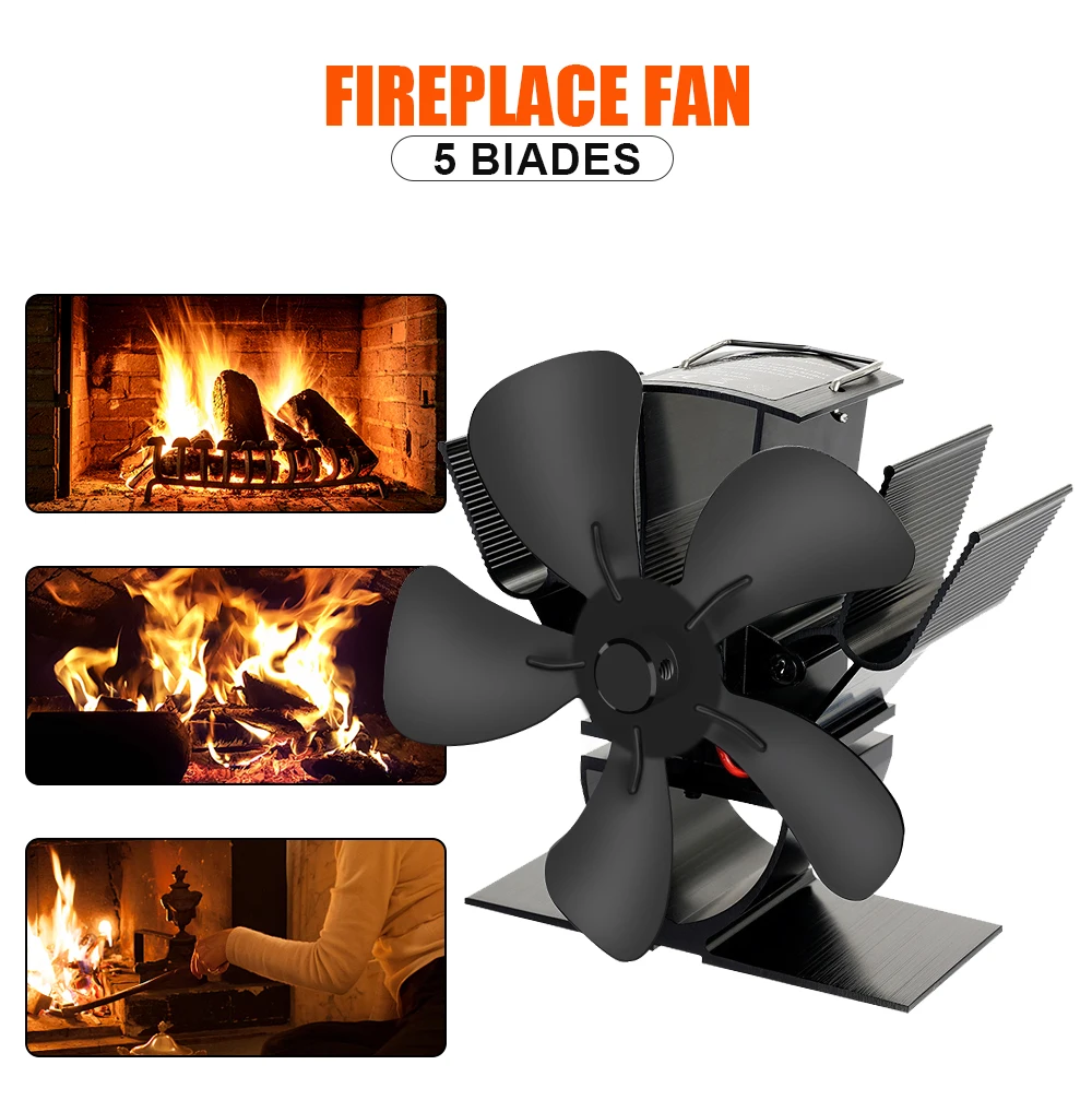 Mini 5 Blades Heat Powered Stove Fan Log Wood Burner Eco Quiet Fireplace Fan Winter Warm Home Heater Efficient Heat Distribution