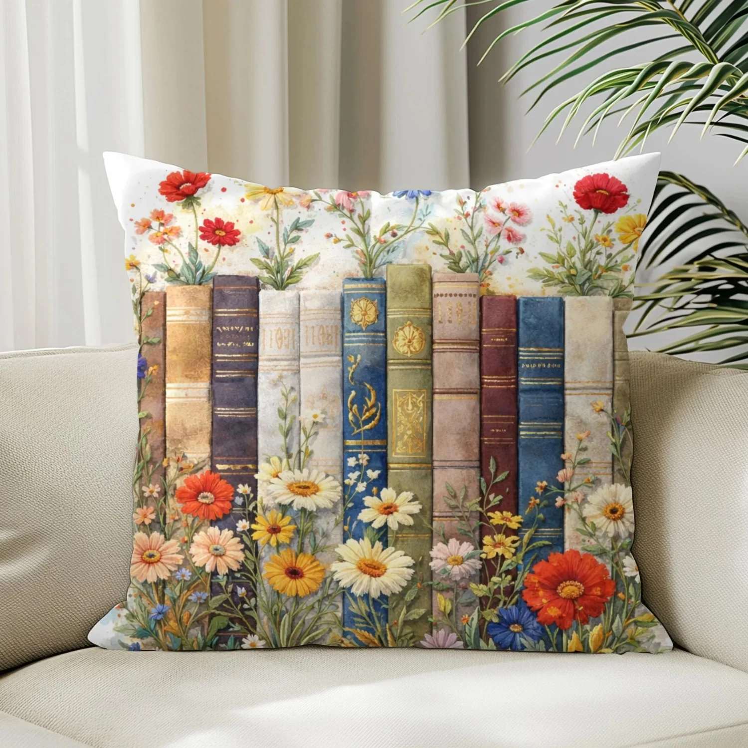 1 Stück Buchliebhaber-Kissenbezug mit Blumenmuster für Leser, Vintage-Bücherregal-Kissen, doppelseitiger Druck