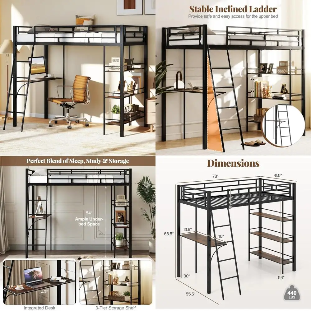 

Twin Loft Bed with Desk and Storage, Metal Frame, Angled Ladder, and Full Guardrails