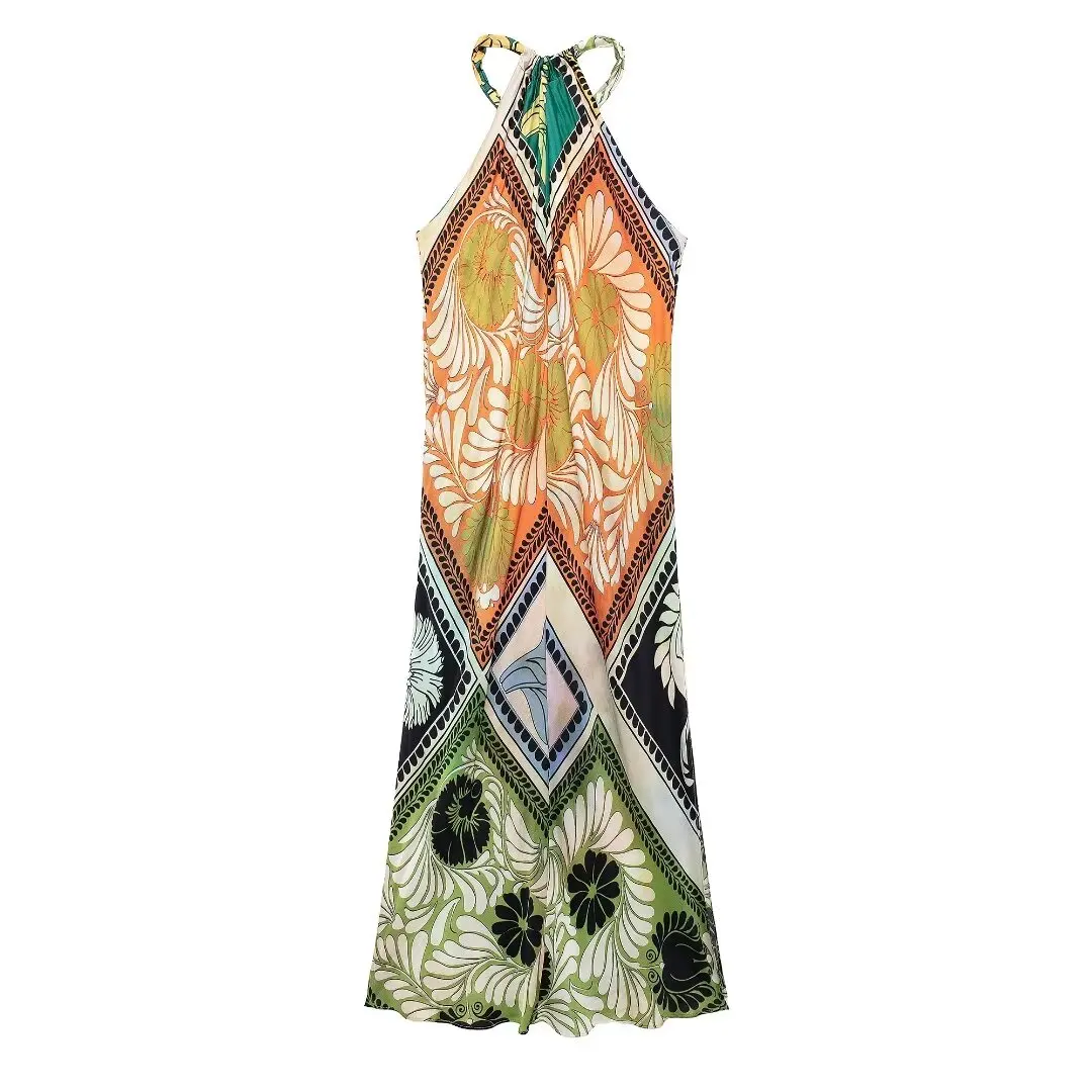 Women's 2024 New Chic, Stylish, Exquisite Printed Hanging Neck Midi Dress Retro Sleeveless Women's Dress Vestidos Mujer