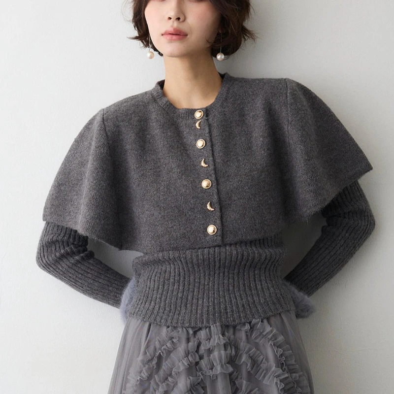 

Элегантный приталенный свитер-накидка на пуговицах для женщин, осень-зима 2026, корейская мода, утягивающий эффект, круглый вырез, длинный рукав, вязаный топ