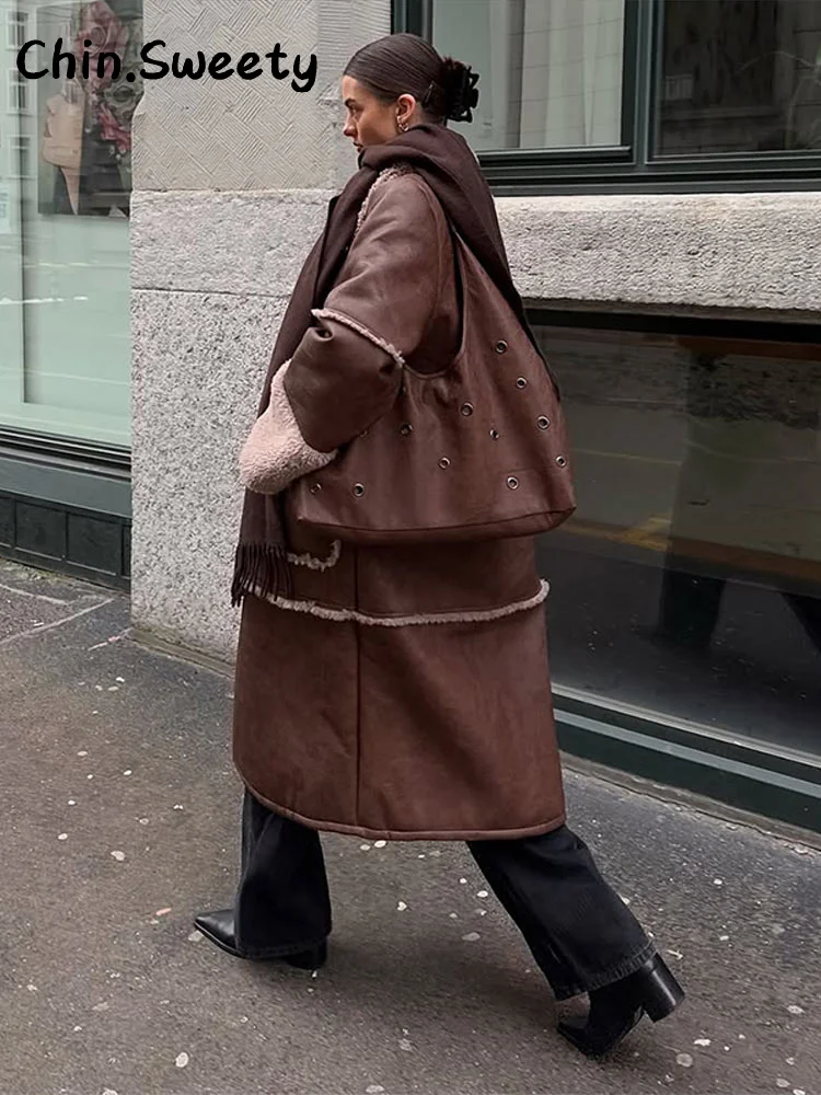 Elegante dames nepbont patchwork leren jas losse revers volledige mouw enkele rij knopen overjas 2025, herfst winter dame uitloper