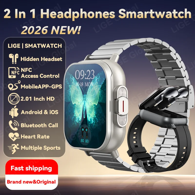 LIGE With Earbuds Bluetooth Headset Smartwatch GPS Tracker NFC Men Women Music Sport Smart Watch Headphones SpO2 Blood Pressure