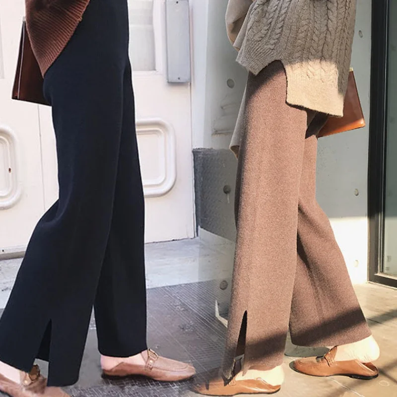 

Новые женские осенние и зимние широкие брюки в корейском стиле, свободные облегающие трикотажные укороченные брюки с высокой талией и драпировкой