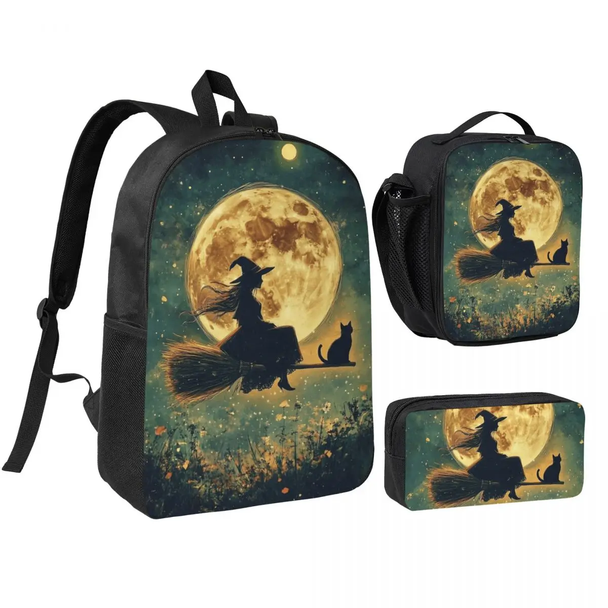 Witch And Cat Fly On Sky Backpack Boys Girls BookBag School Bag Shoulder Bags 3ps Insulated Lunch Bag Pencil Case