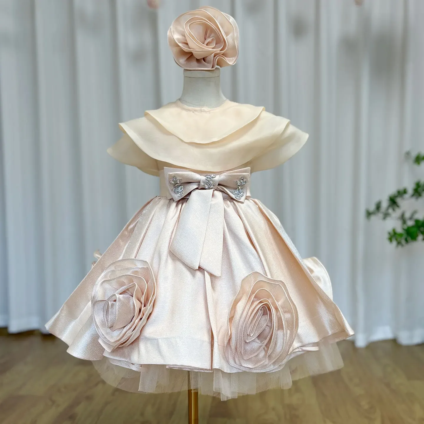 Jill desejo elegante bege menina vestidos feitos à mão flores com chapelaria para crianças casamento aniversário feriado festa vestido 2025 j104