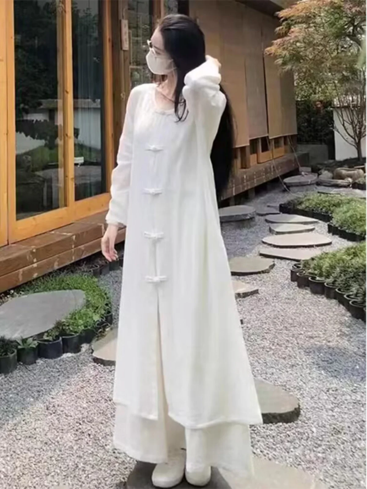 新中式スレクールセンセーション国民的トレンドセット女性用春秋禅コットンリネン茶服トップワイドレッグパンツツーピース...