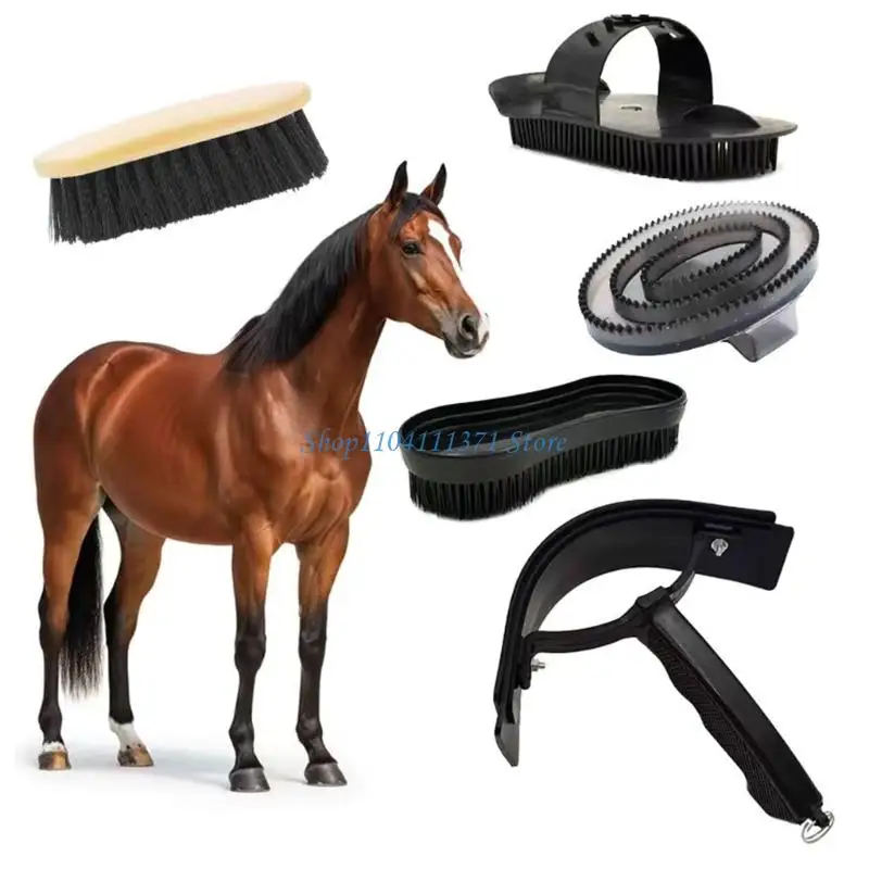P9FC Horse Grooming Set with Body Brush, Rubber Comb, and Sweat Scraper