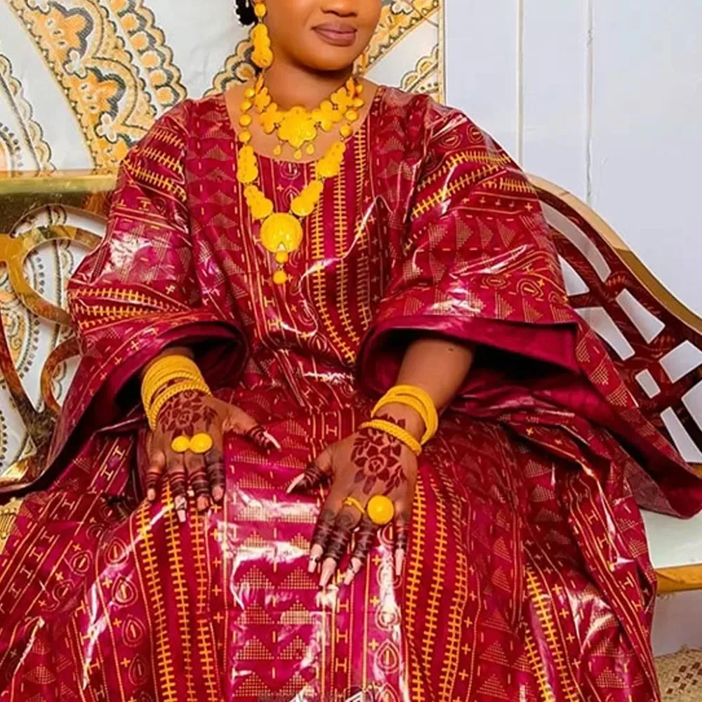 

Elegant Ramadan Party Dress, African Women Kaftan Boubou, Long Ankara Dashiki Robe with Scarf, Cotton Brocade Fabric