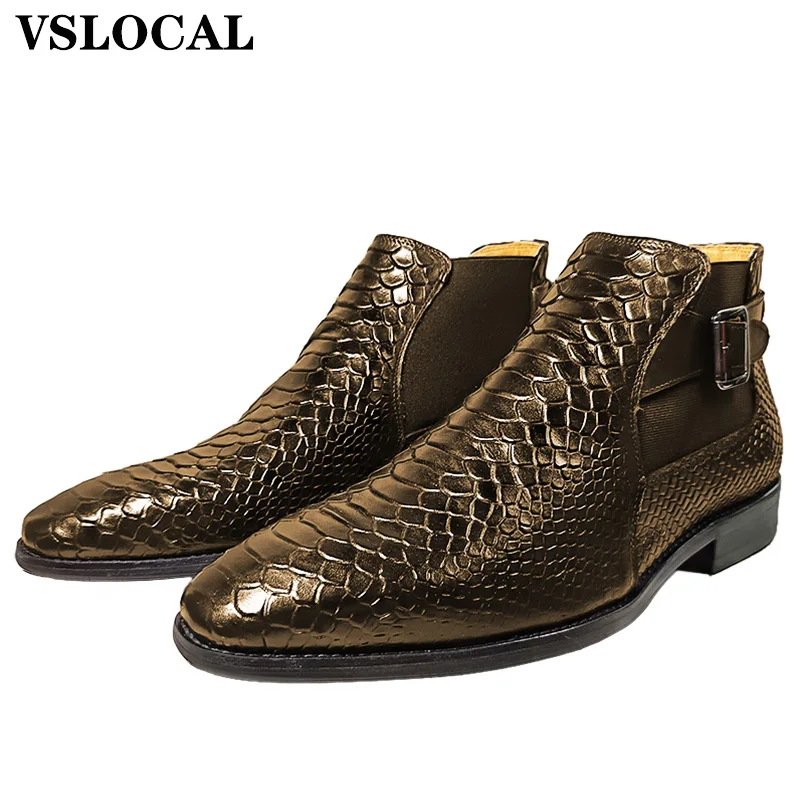 

Luxury Men Ankle Boots Shoes Black Brown Snake Printed Slip on Buckle Strap Genuine Leather Dress Chelsea Boots For Men