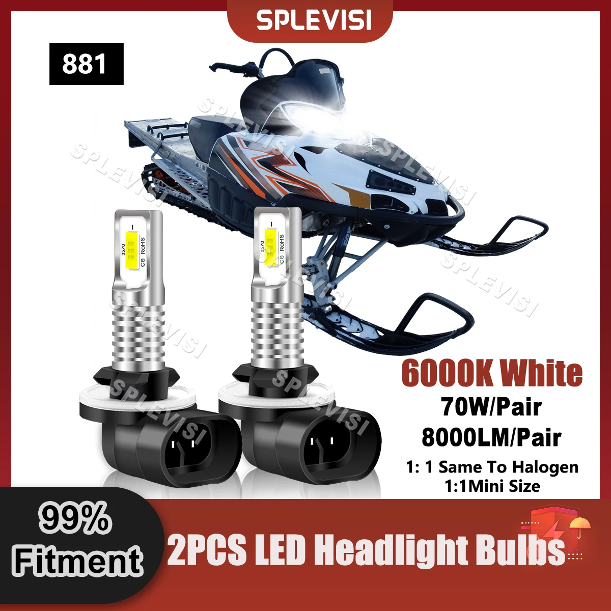 Replace 881 LED Headlight 9v-24v 360 Degree Beam For Arctic Cat M1000 Sno Pro EFI 153in 2007 2008 2009 Snowmobile Bulbs