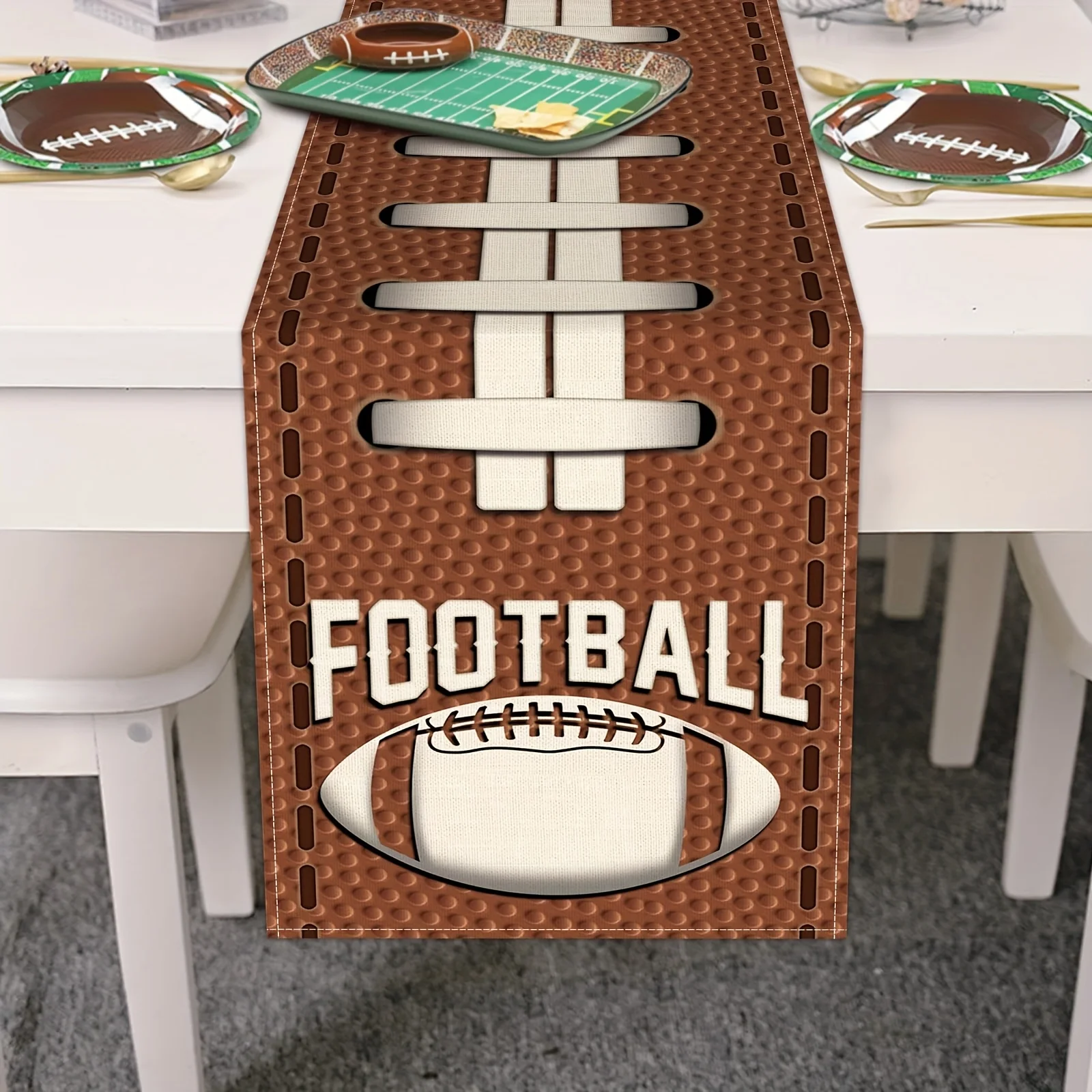 Football Linen Table Runner - Beige & Brown Retro Rugby Theme, Durable Indoor/Outdoor Game Day Party Kitchen Decor