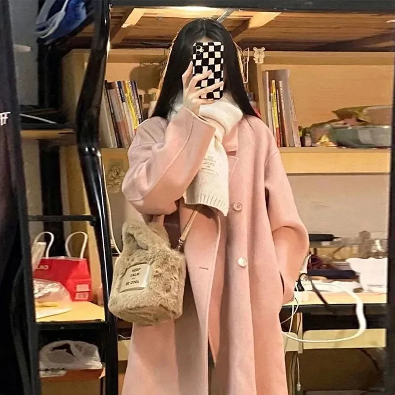 

Autumn Long Coffee Flowy Blazer Coat Women with Back High Slit Double Breasted Loose Casual Korean Fashion Overcoat