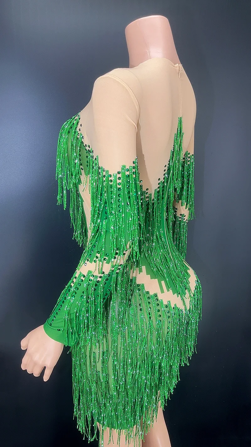 Robe de soirée en dentelle transparente à manches courtes, glands personnalisés, maille, haute élasticité, paillettes sexy, robe de performance sur scène