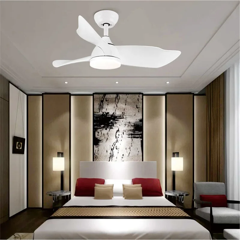 Art 22/36 Inch Foyer Bedroom Small Ceiling Fan Lights Black White Body With LED Pipe 12.5+25cm Height Adjustable Remote Control