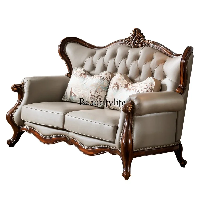 

yj9 High-end Villa American Style Genuine Leather Sofa Living Room Household All Solid Wood European Style