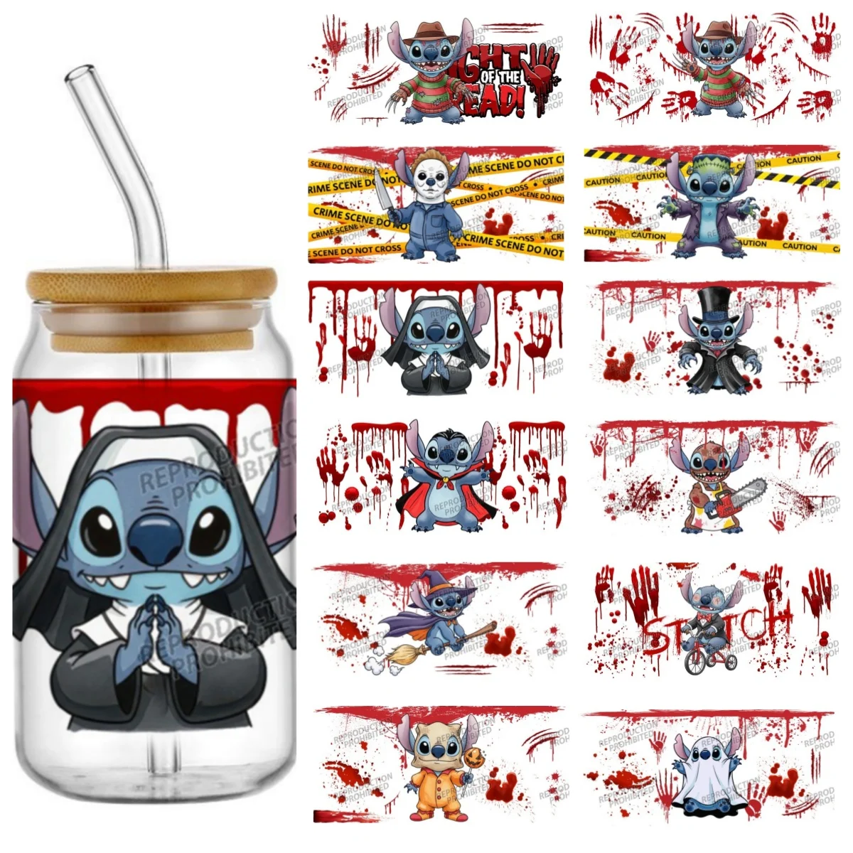 

Halloween Stitch Killer Series UV DTF Transfer Sticker For 16OZ Cup Wraps Glass Libbey Bottle Selfadhesive Washable DIY Decals