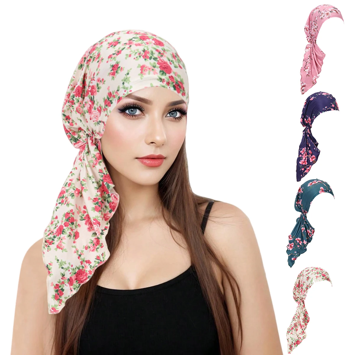 

Muslim Women Soft Strech Turban Hat Headbands Pre-Tied Head Scarf Printed Ladiess Chemo Cap Inner Hijabs Hair Accessories